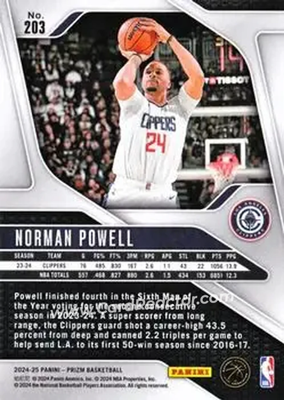 2024-25 Panini Prizm #203 - Norman Powell - Los Angeles Clippers - Back