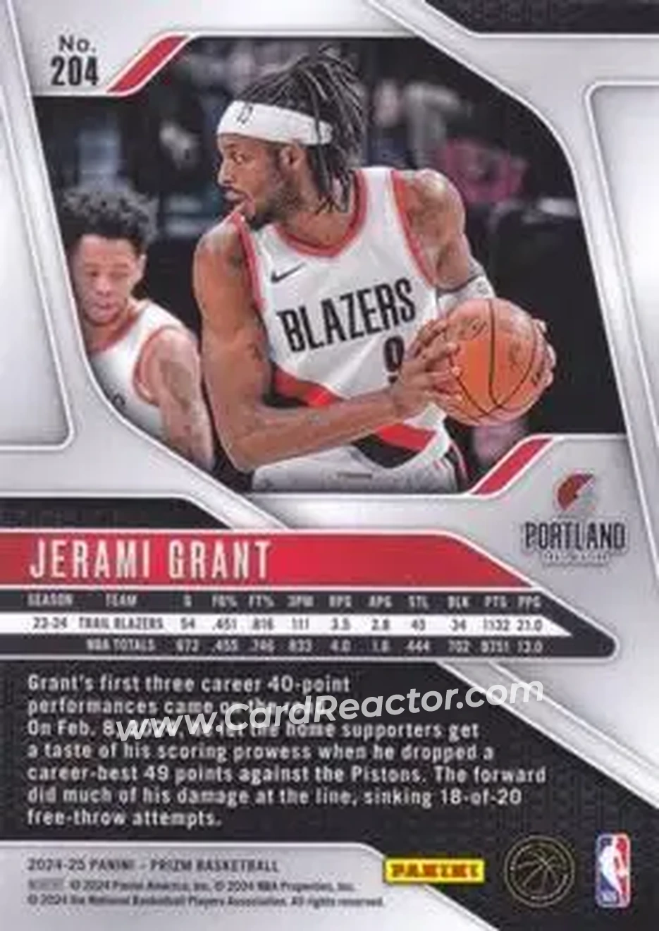 2024-25 Panini Prizm #204 - Jerami Grant - Portland Trail Blazers - Back