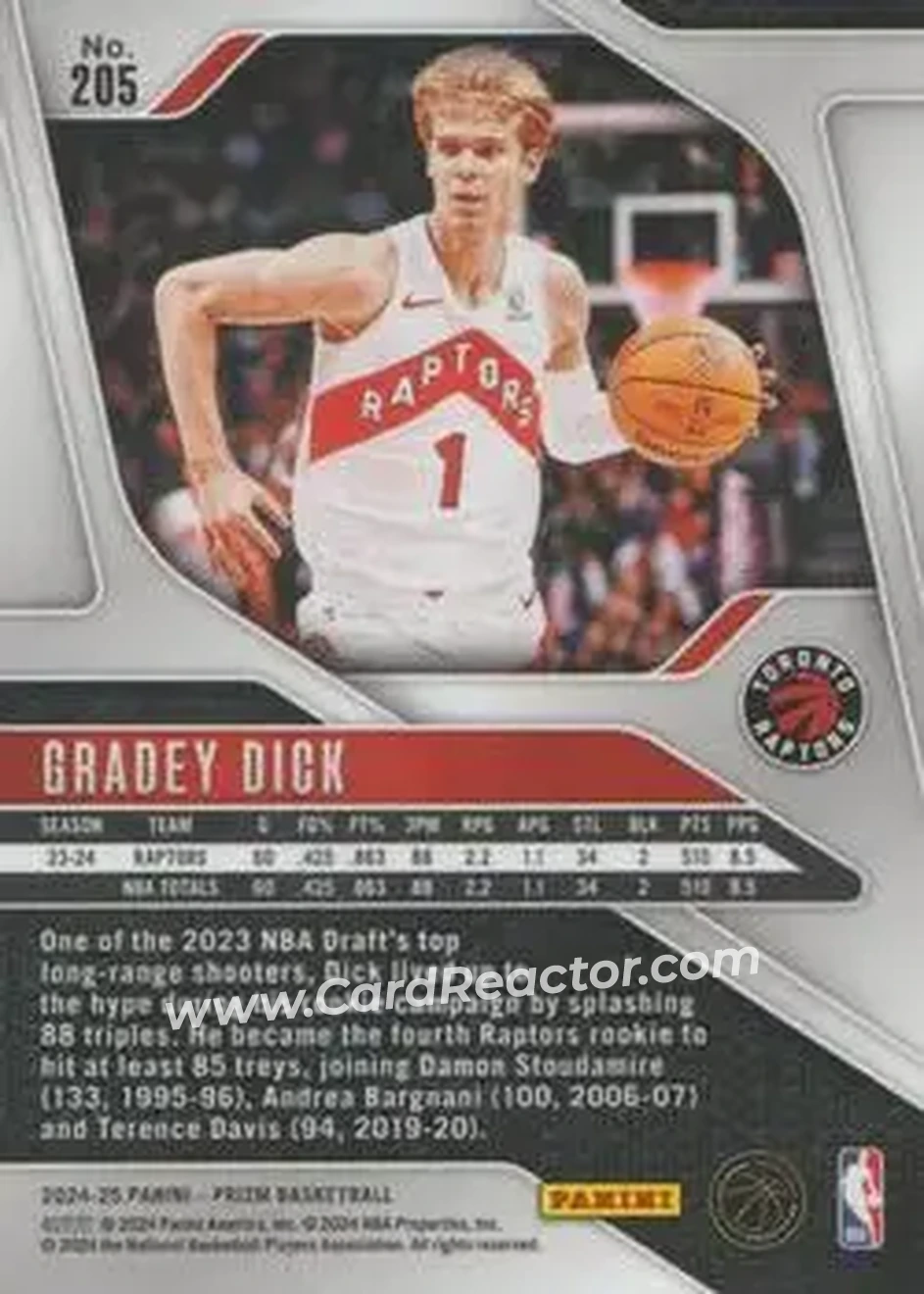 2024-25 Panini Prizm #205 - Gradey Dick - Toronto Raptors - Back