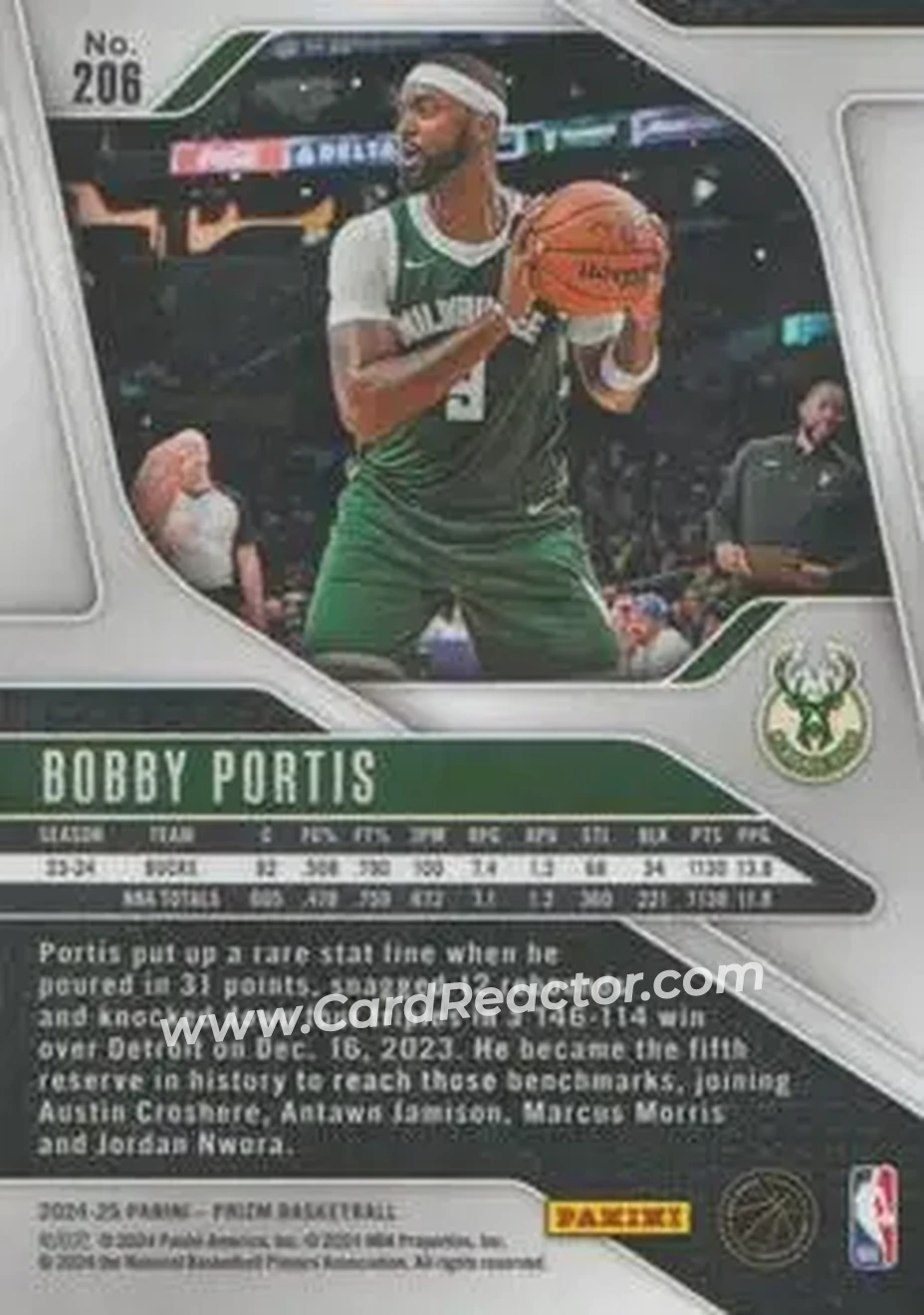 2024-25 Panini Prizm #206 - Bobby Portis - Milwaukee Bucks - Back