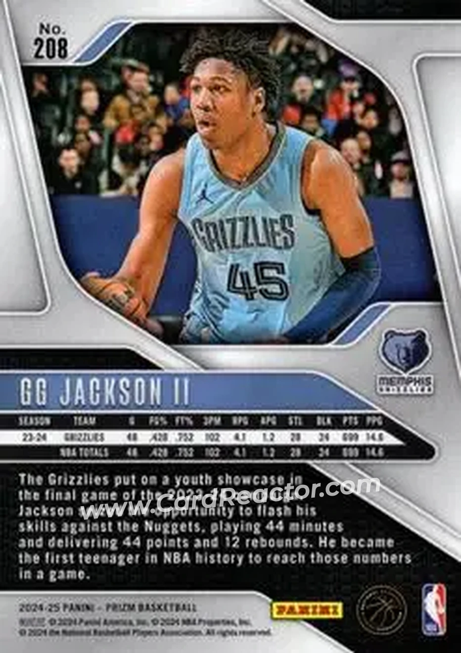 2024-25 Panini Prizm #208 - GG Jackson II - Memphis Grizzlies - Back