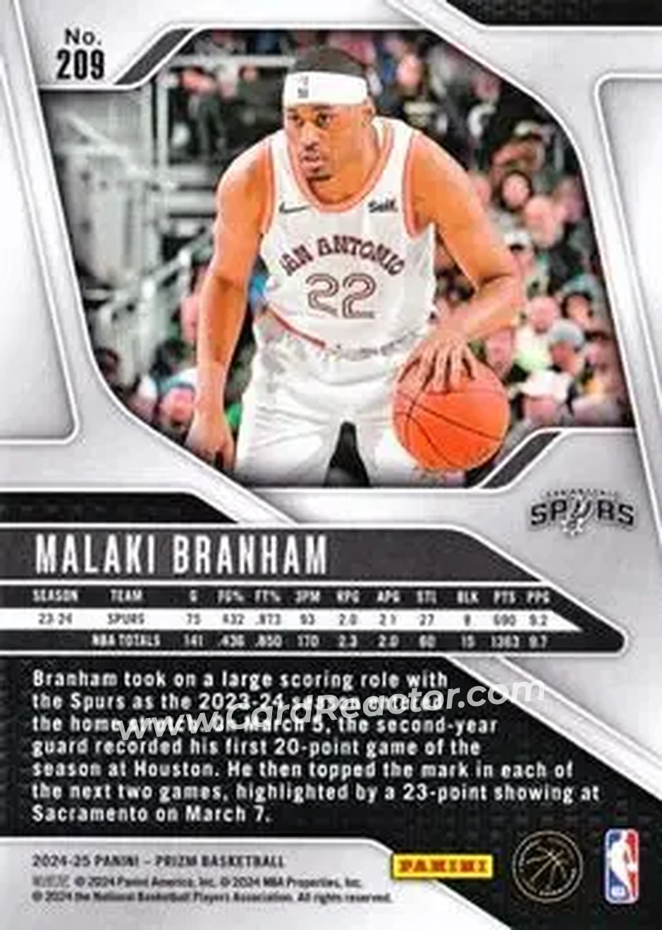 2024-25 Panini Prizm #209 - Malaki Branham - San Antonio Spurs - Back