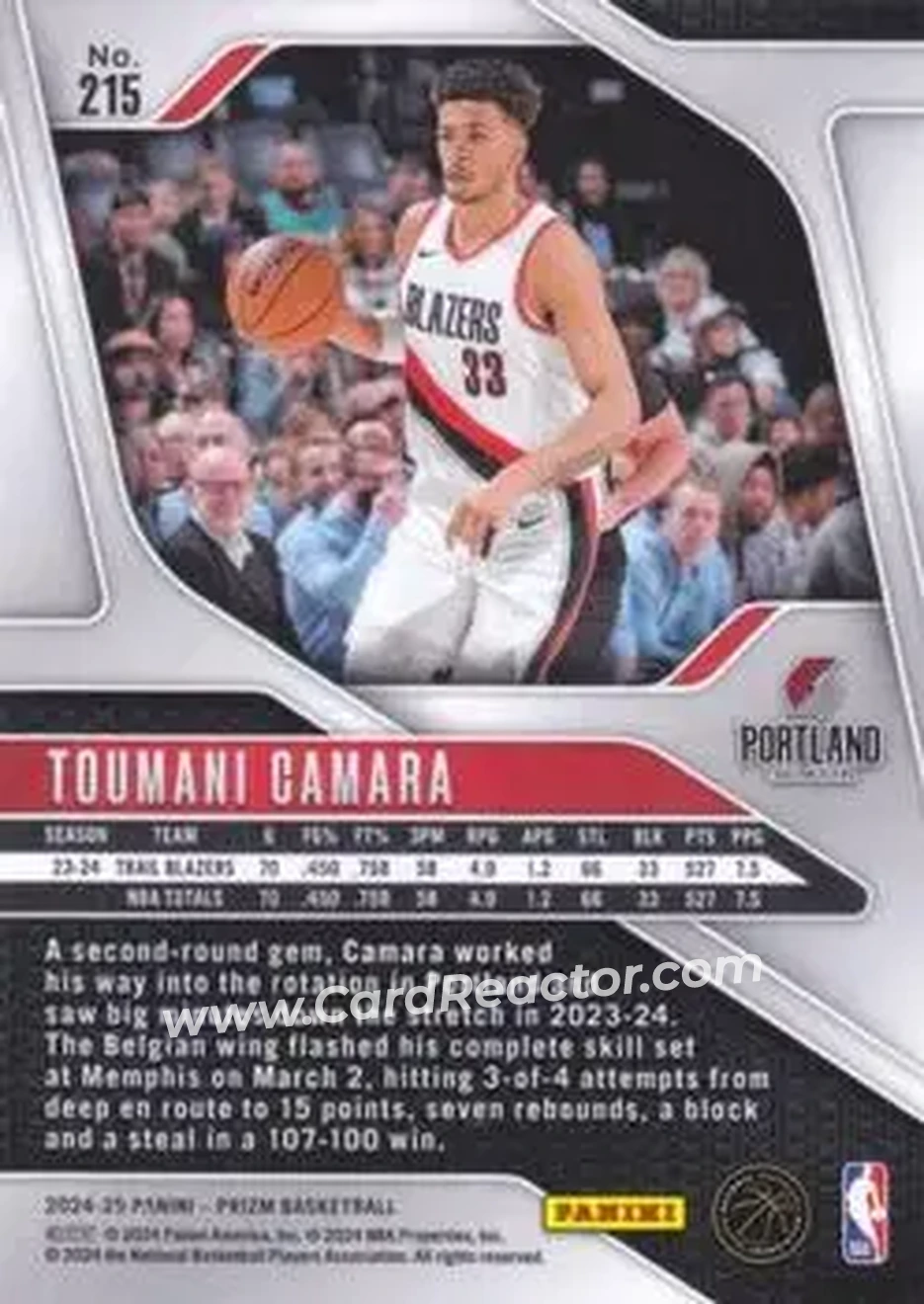 2024-25 Panini Prizm #215 - Toumani Camara - Portland Trail Blazers - Back 2024-25 Panini Prizm #215 - Toumani Camara - Portland Trail Blazers - Back