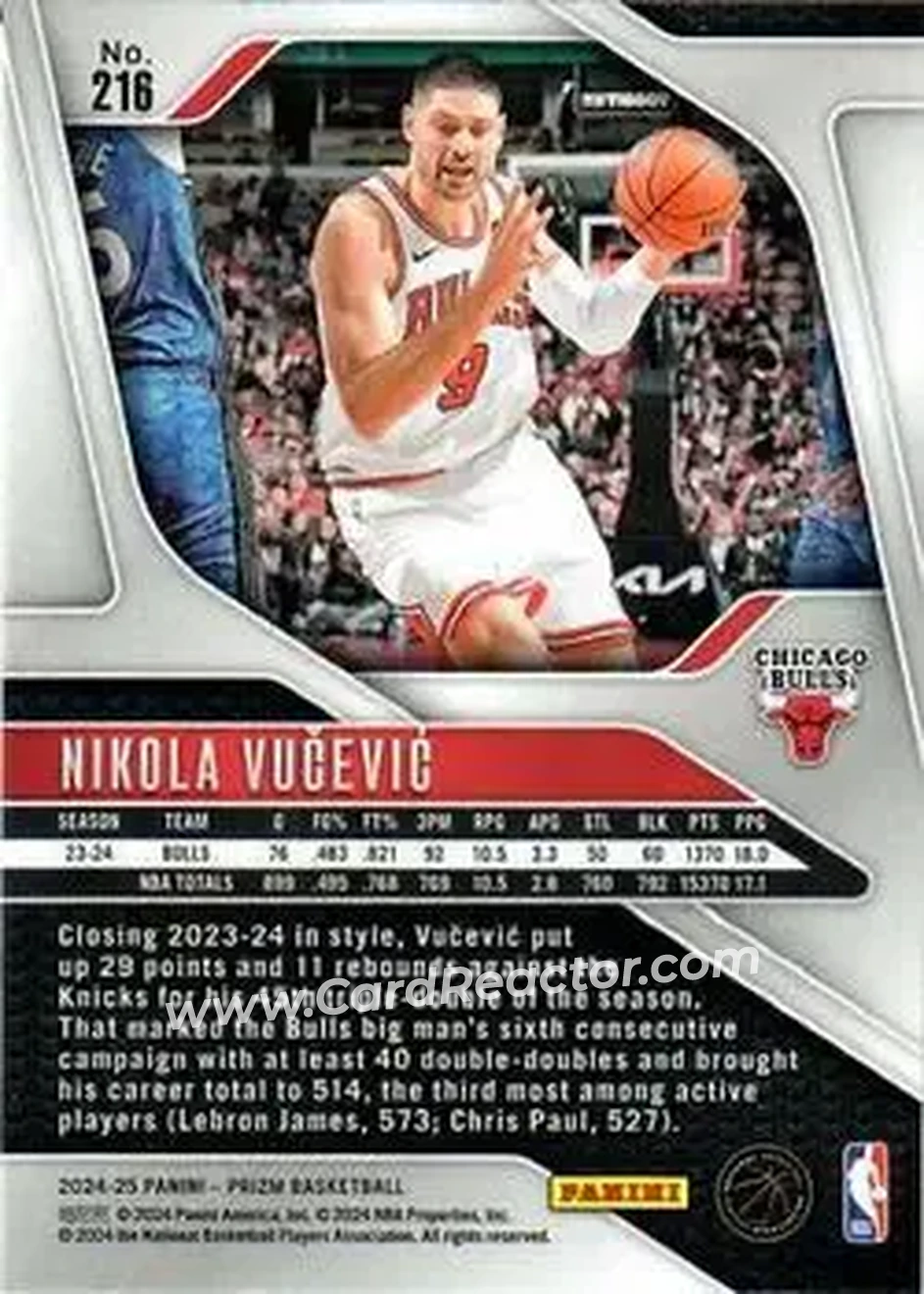 2024-25 Panini Prizm #216 - Nikola Vučević - Chicago Bulls - Back 2024-25 Panini Prizm #216 - Nikola Vučević - Chicago Bulls - Back