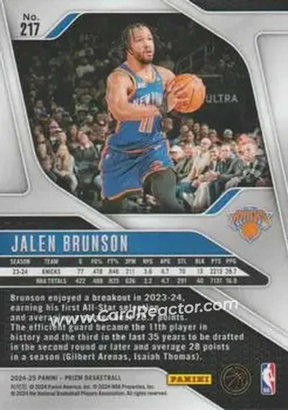 2024-25 Panini Prizm #217 - Jalen Brunson - New York Knicks - Back 2024-25 Panini Prizm #217 - Jalen Brunson - New York Knicks - Back