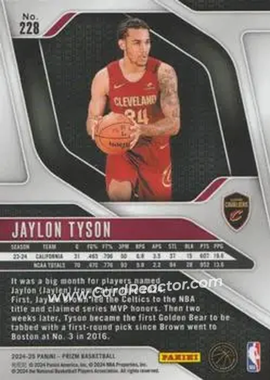 2024-25 Panini Prizm #228 - Jaylon Tyson - Cleveland Cavaliers - Back