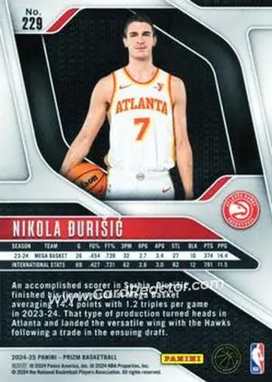 2024-25 Panini Prizm #229 - Nikola Durisic - Atlanta Hawks - Back