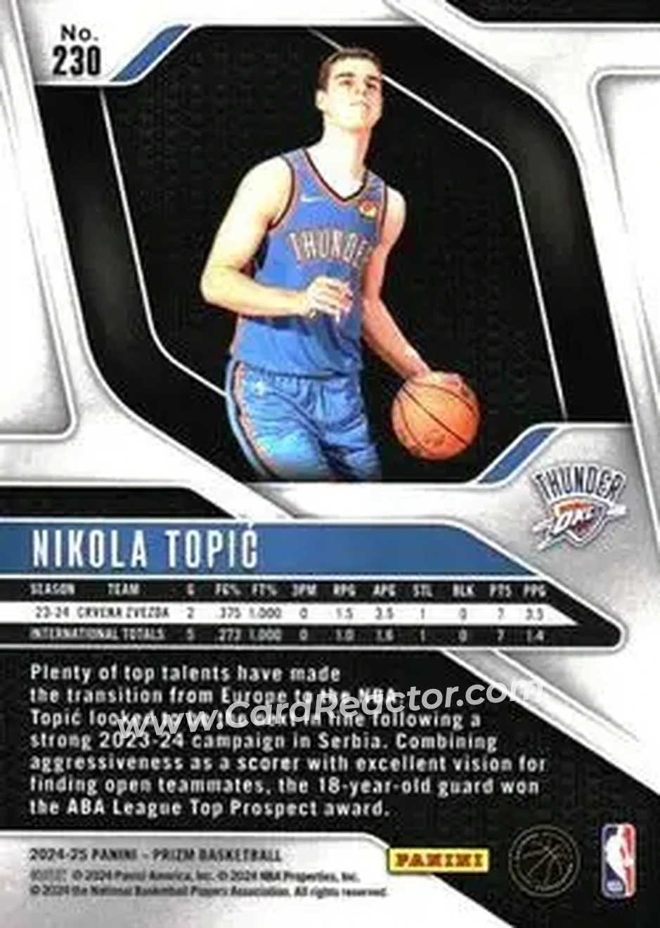 2024-25 Panini Prizm #230 - Nikola Topić - Oklahoma City Thunder - Back