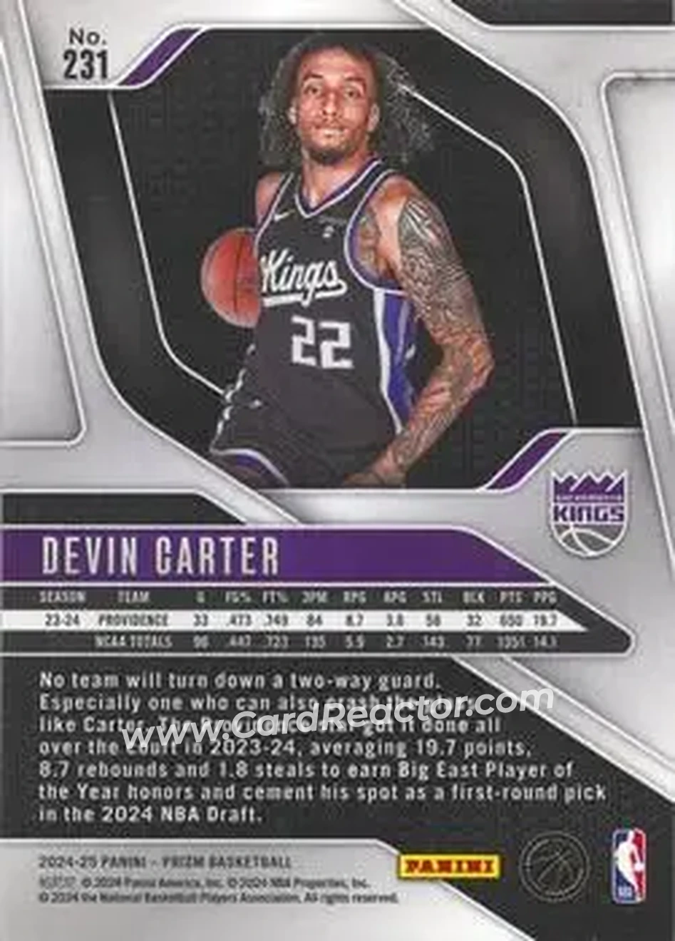 2024-25 Panini Prizm #231 - Devin Carter - Sacramento Kings - Back