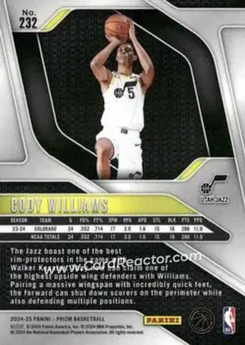 2024-25 Panini Prizm #232 - Cody Williams - Utah Jazz - Back