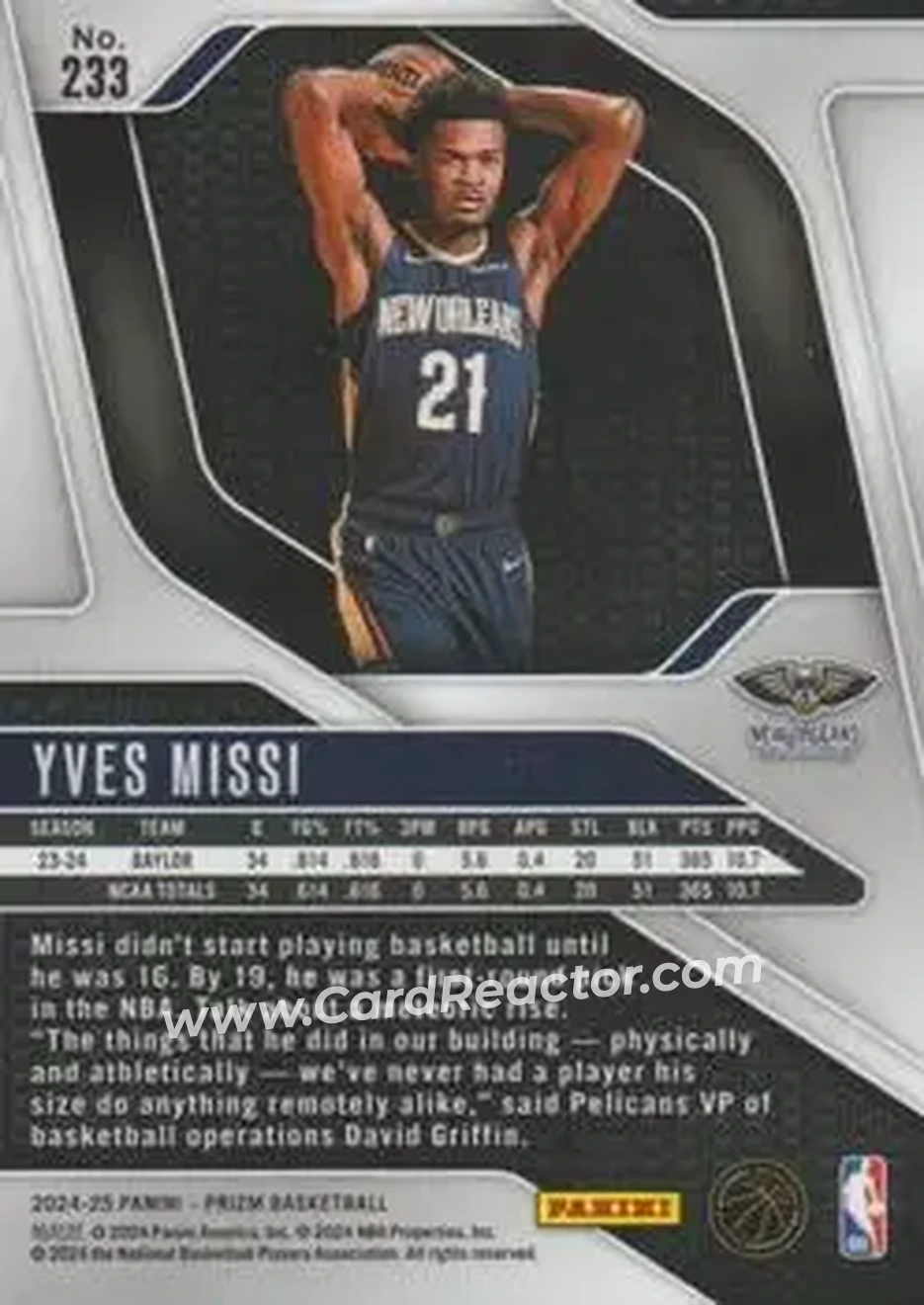 2024-25 Panini Prizm #233 - Yves Missi - New Orleans Pelicans - Back 2024-25 Panini Prizm #233 - Yves Missi - New Orleans Pelicans - Back