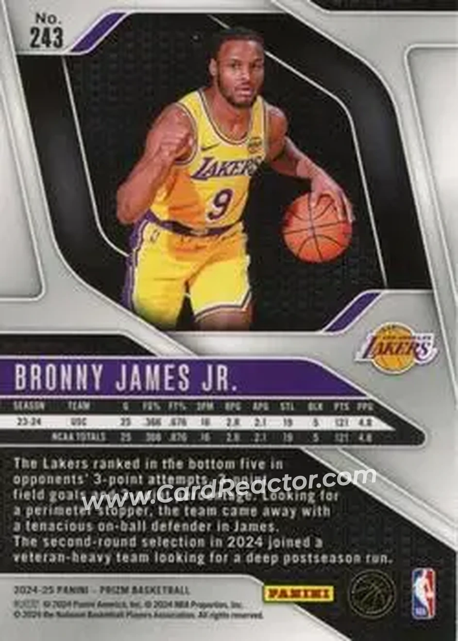 2024-25 Panini Prizm #243 - Bronny James - Los Angeles Lakers - Back 2024-25 Panini Prizm #243 - Bronny James - Los Angeles Lakers - Back