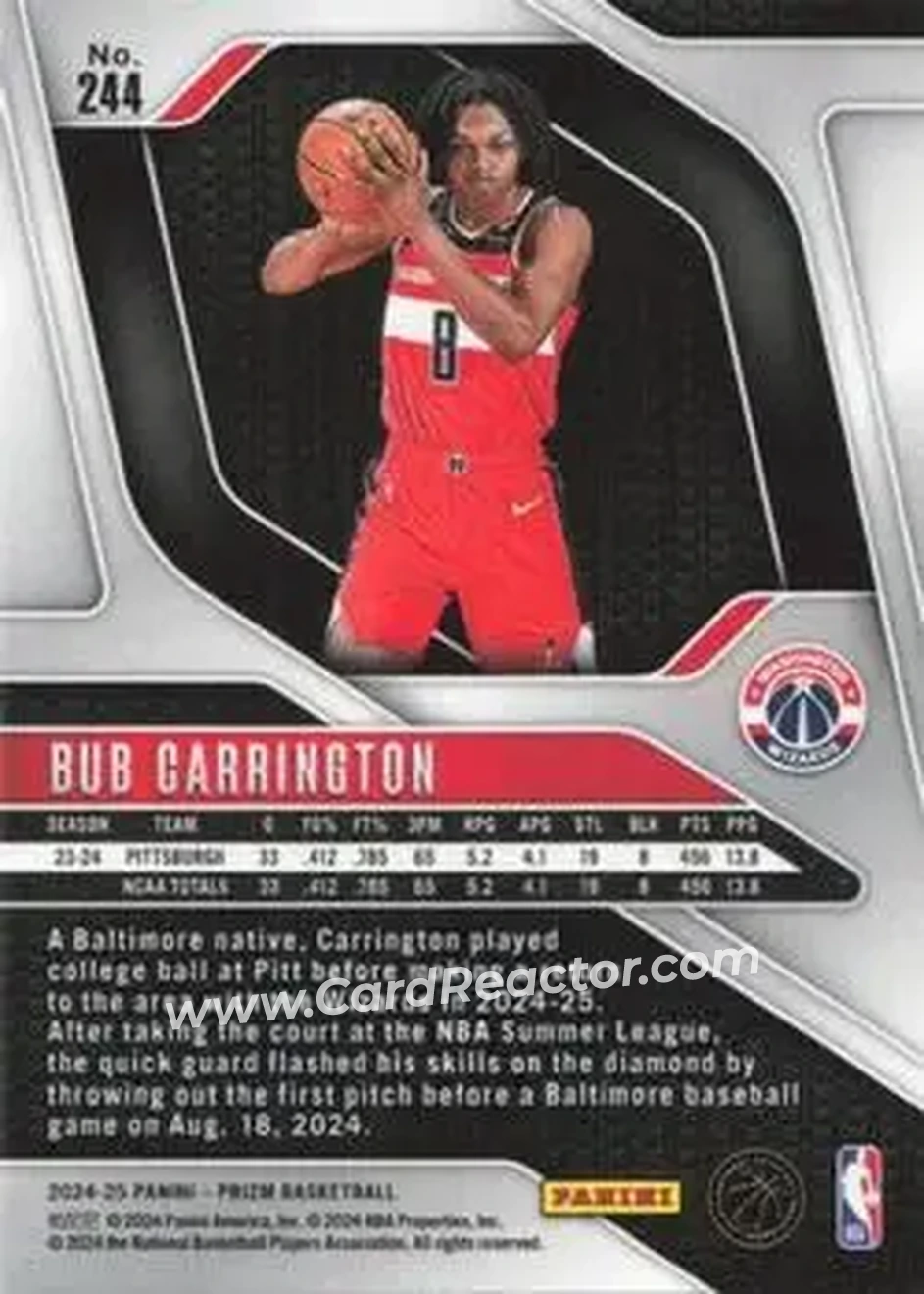 2024-25 Panini Prizm #244 - Bub Carrington - Washington Wizards - Back