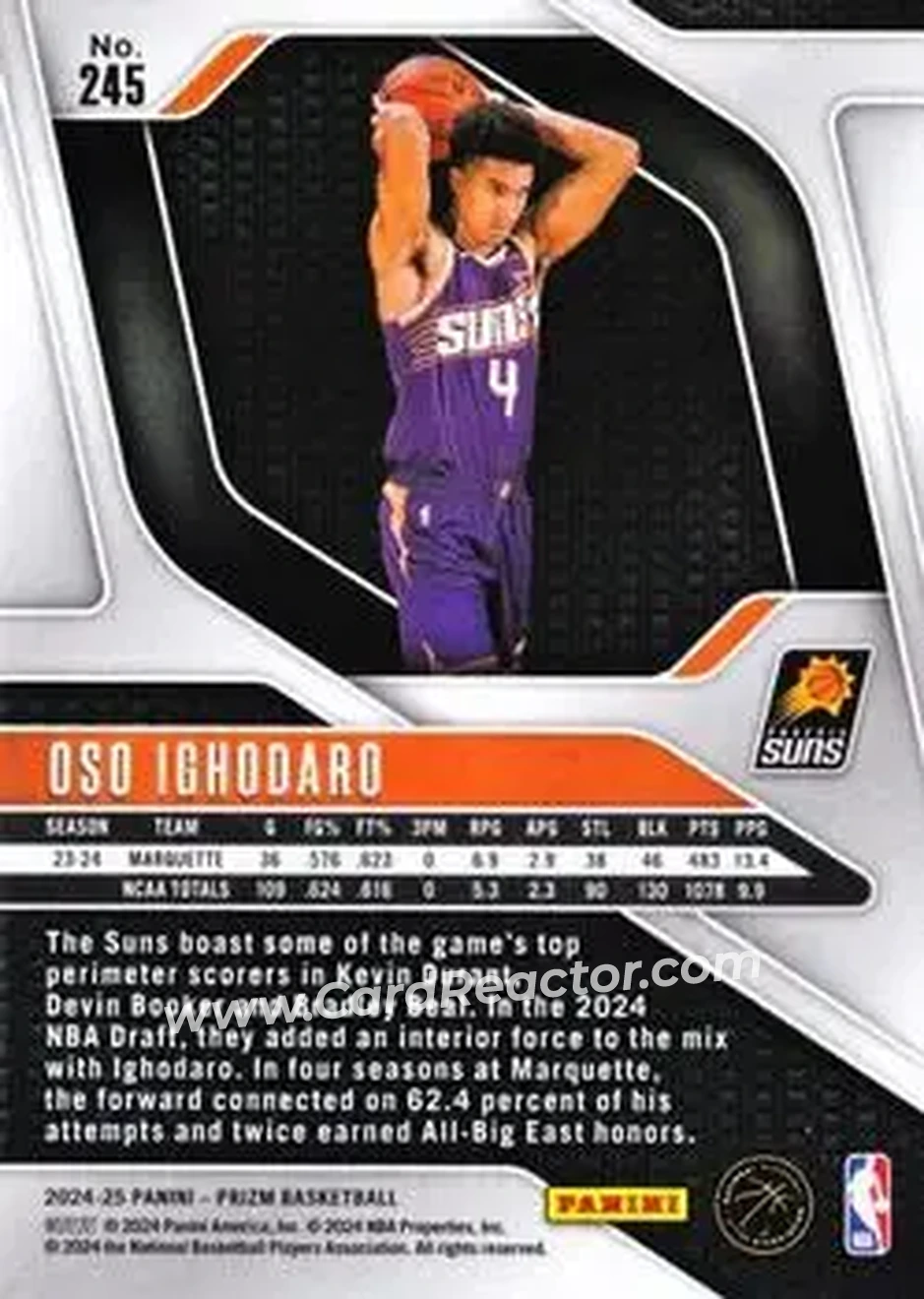 2024-25 Panini Prizm #245 - Oso Ighodaro - Phoenix Suns - Back 2024-25 Panini Prizm #245 - Oso Ighodaro - Phoenix Suns - Back