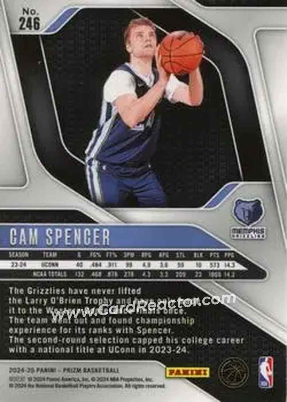 2024-25 Panini Prizm #246 - Cam Spencer - Memphis Grizzlies - Back 2024-25 Panini Prizm #246 - Cam Spencer - Memphis Grizzlies - Back