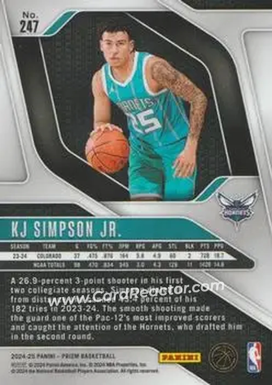 2024-25 Panini Prizm #247 - KJ Simpson Jr. - Charlotte Hornets - Back