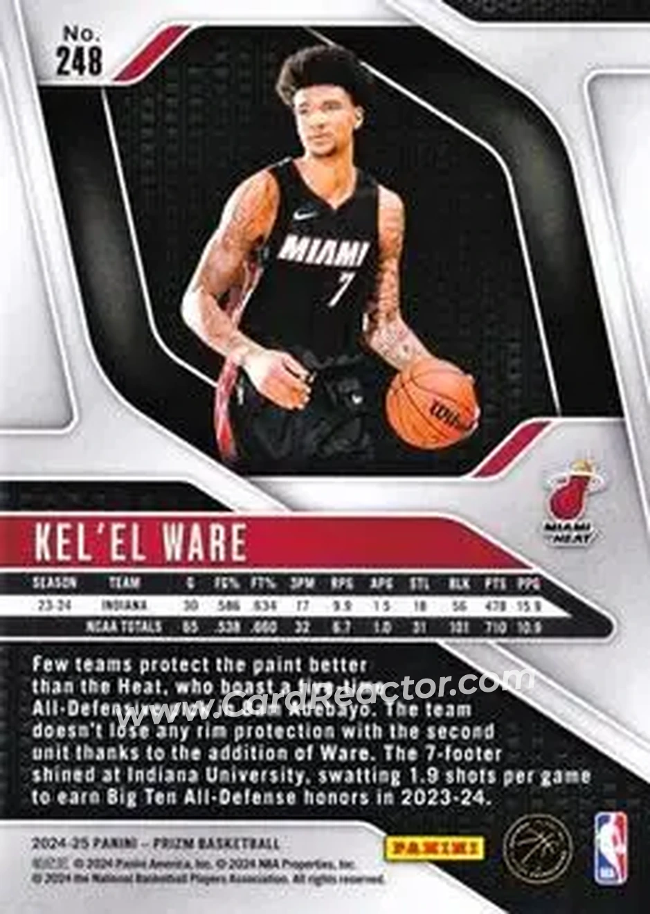 2024-25 Panini Prizm #248 - Kel'el Ware - Miami Heat - Back