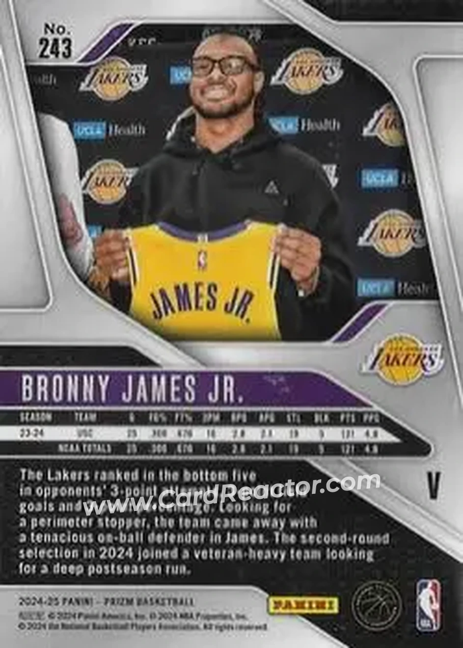 2024-25 Panini Prizm #243 - Bronny James - Los Angeles Lakers - Back