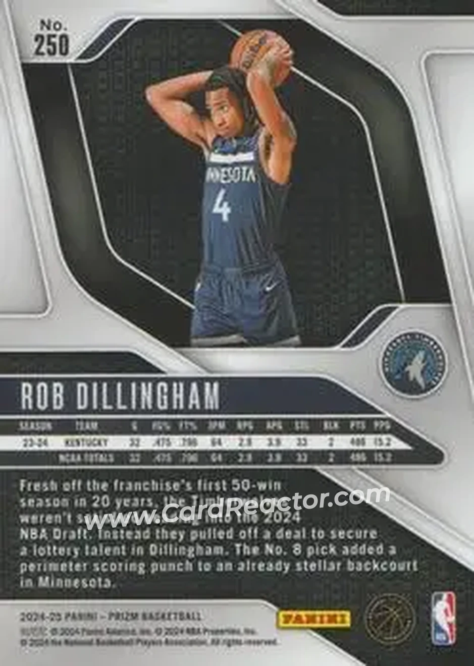 2024-25 Panini Prizm #250 - Rob Dillingham - Minnesota Timberwolves - Back 2024-25 Panini Prizm #250 - Rob Dillingham - Minnesota Timberwolves - Back