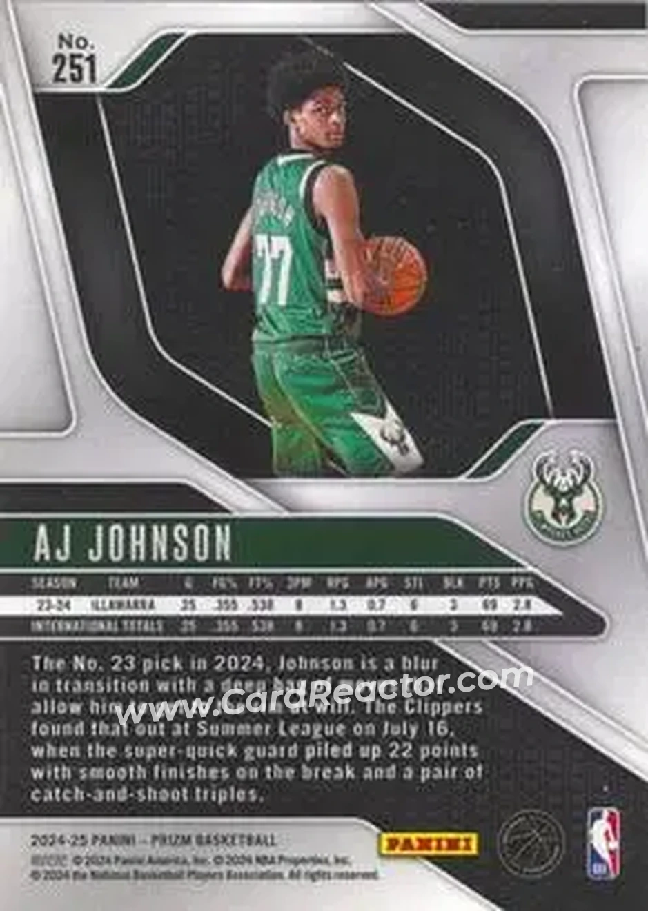 2024-25 Panini Prizm #251 - AJ Johnson - Milwaukee Bucks - Back 2024-25 Panini Prizm #251 - AJ Johnson - Milwaukee Bucks - Back