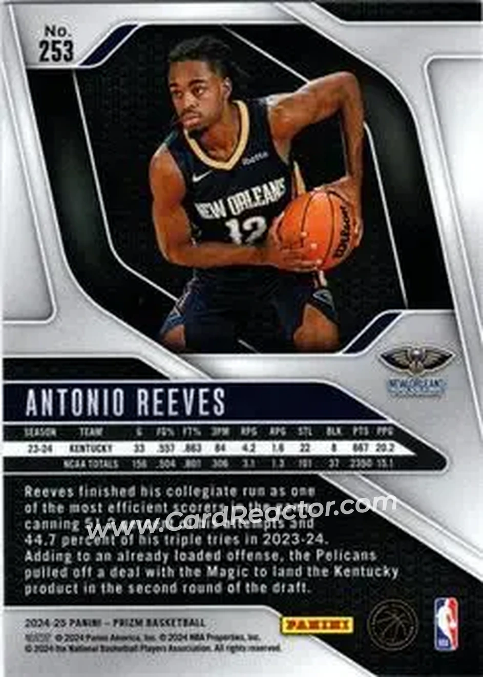 2024-25 Panini Prizm #253 - Antonio Reeves - New Orleans Pelicans - Back 2024-25 Panini Prizm #253 - Antonio Reeves - New Orleans Pelicans - Back