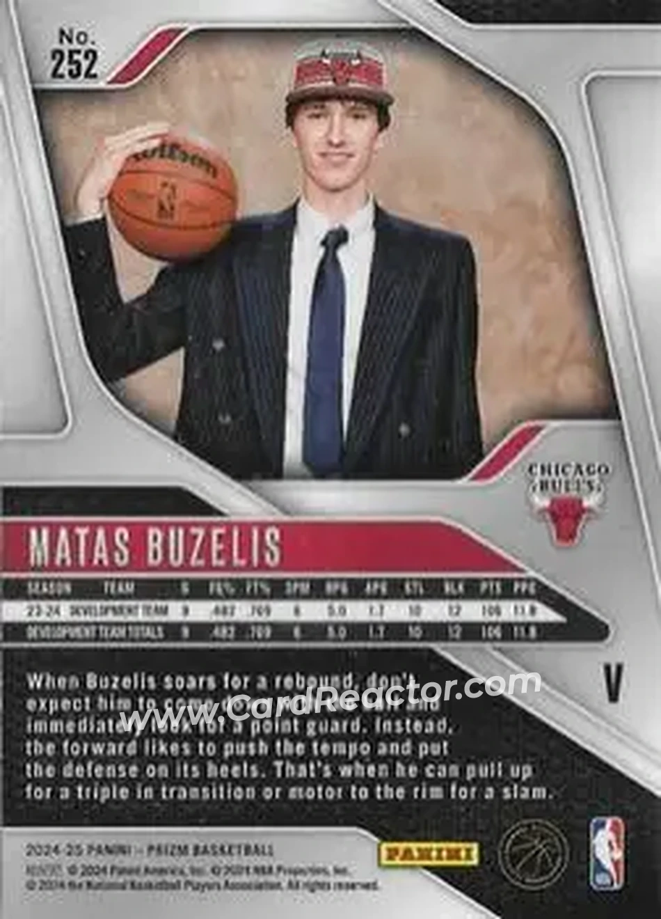 2024-25 Panini Prizm #252 - Matas Buzelis - Chicago Bulls - Back 2024-25 Panini Prizm #252 - Matas Buzelis - Chicago Bulls - Back