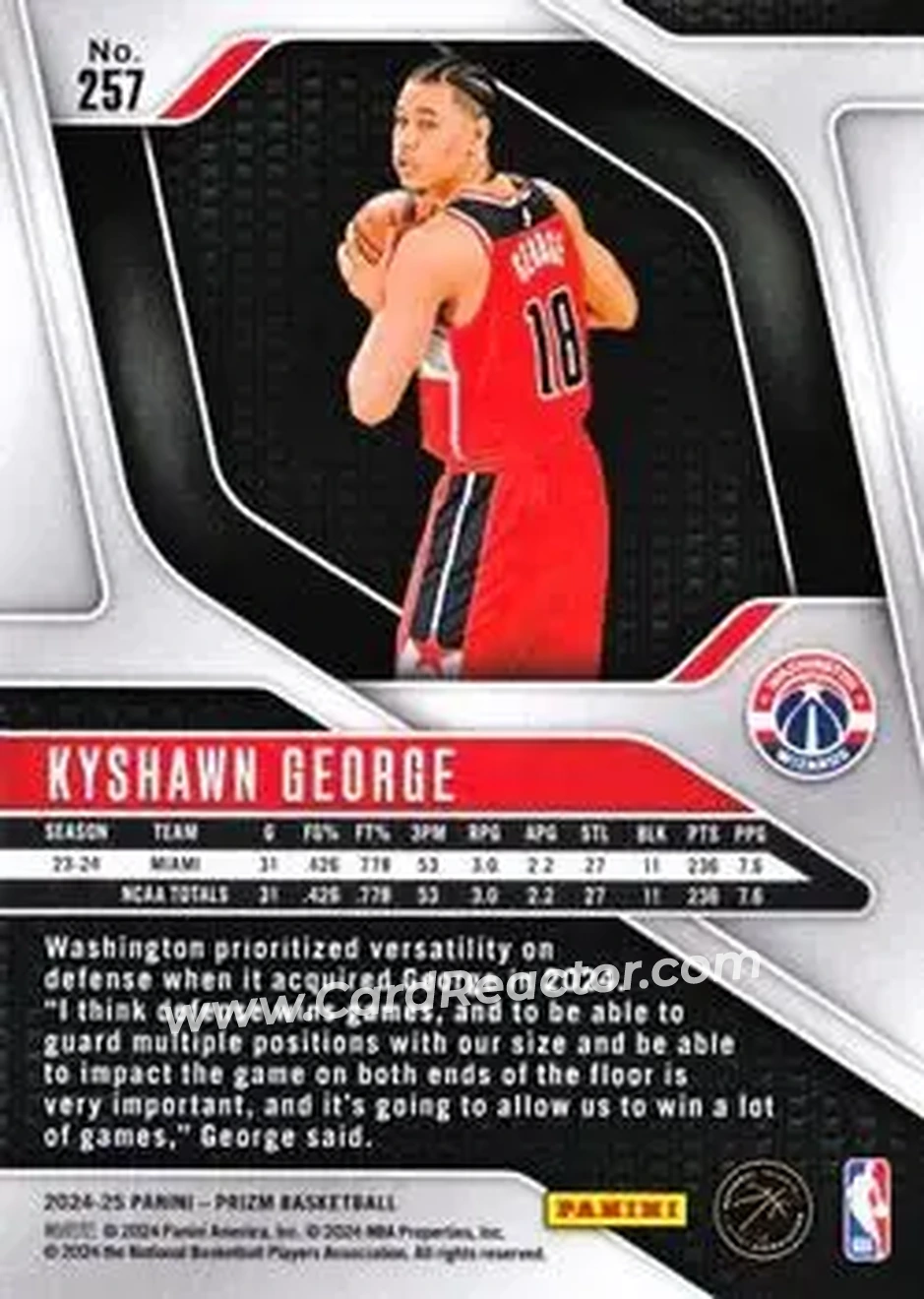 2024-25 Panini Prizm #257 - Kyshawn George - Washington Wizards - Back 2024-25 Panini Prizm #257 - Kyshawn George - Washington Wizards - Back