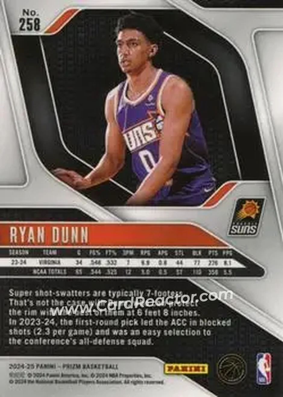 2024-25 Panini Prizm #258 - Ryan Dunn - Phoenix Suns - Back