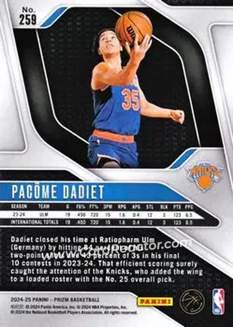 2024-25 Panini Prizm #259 - Pacome Dadiet - New York Knicks - Back