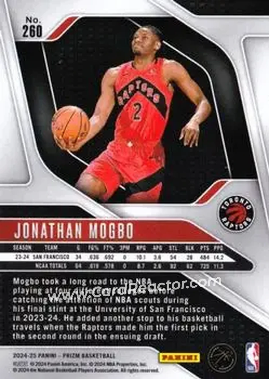 2024-25 Panini Prizm #260 - Jonathan Mogbo - Toronto Raptors - Back 2024-25 Panini Prizm #260 - Jonathan Mogbo - Toronto Raptors - Back