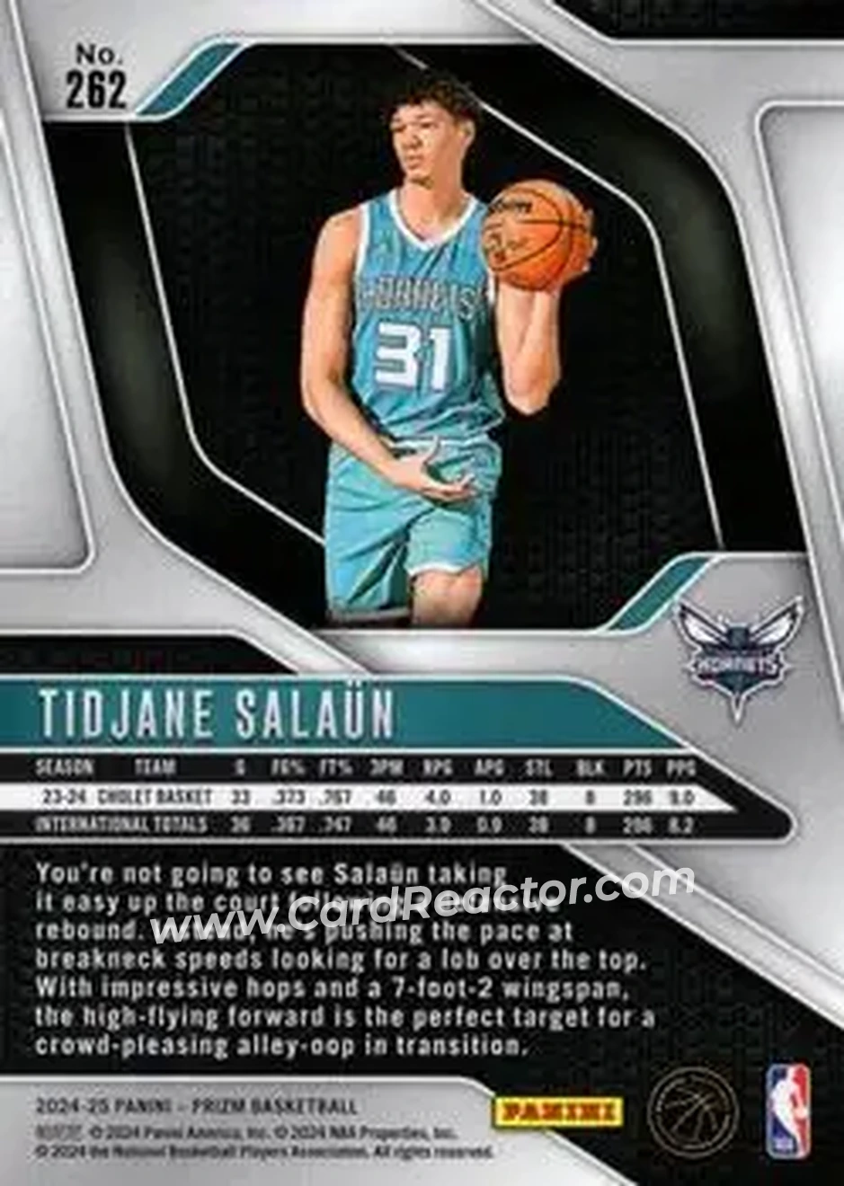 2024-25 Panini Prizm #262 - Tidjane Salaün - Charlotte Hornets - Back 2024-25 Panini Prizm #262 - Tidjane Salaün - Charlotte Hornets - Back