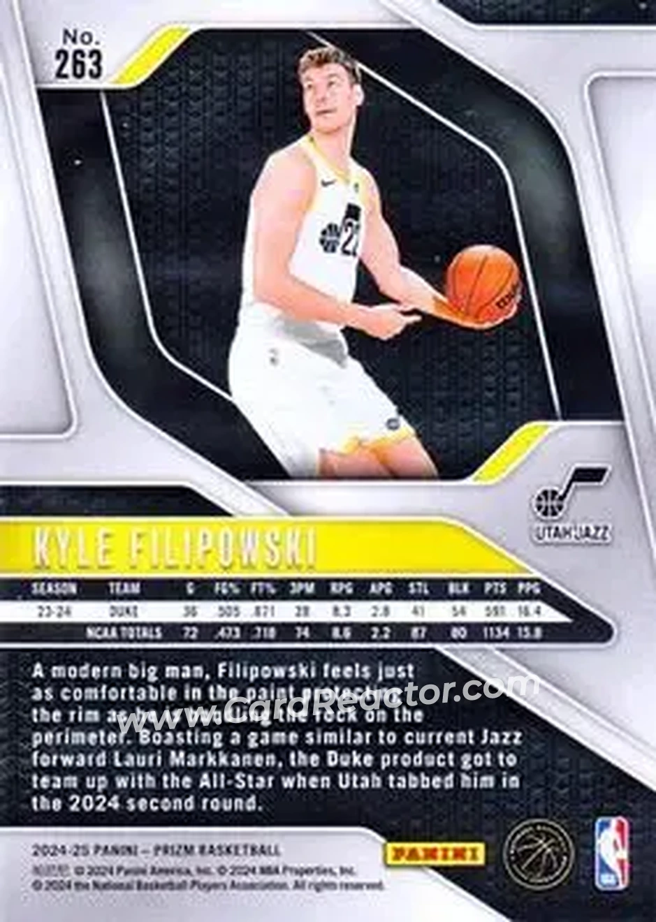 2024-25 Panini Prizm #263 - Kyle Filipowski - Utah Jazz - Back