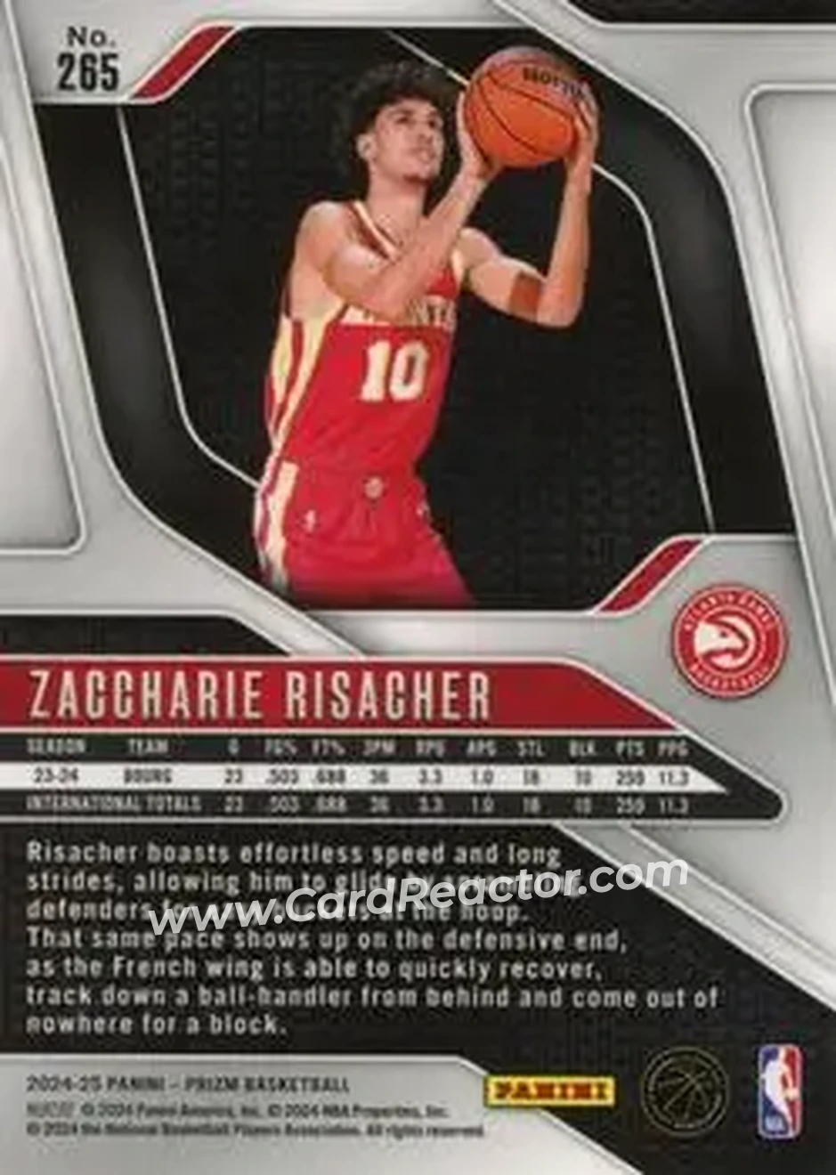 2024-25 Panini Prizm #265 - Zaccharie Risacher - Atlanta Hawks - Back