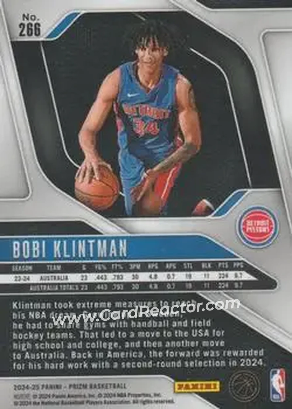 2024-25 Panini Prizm #266 - Bobi Klintman - Detroit Pistons - Back