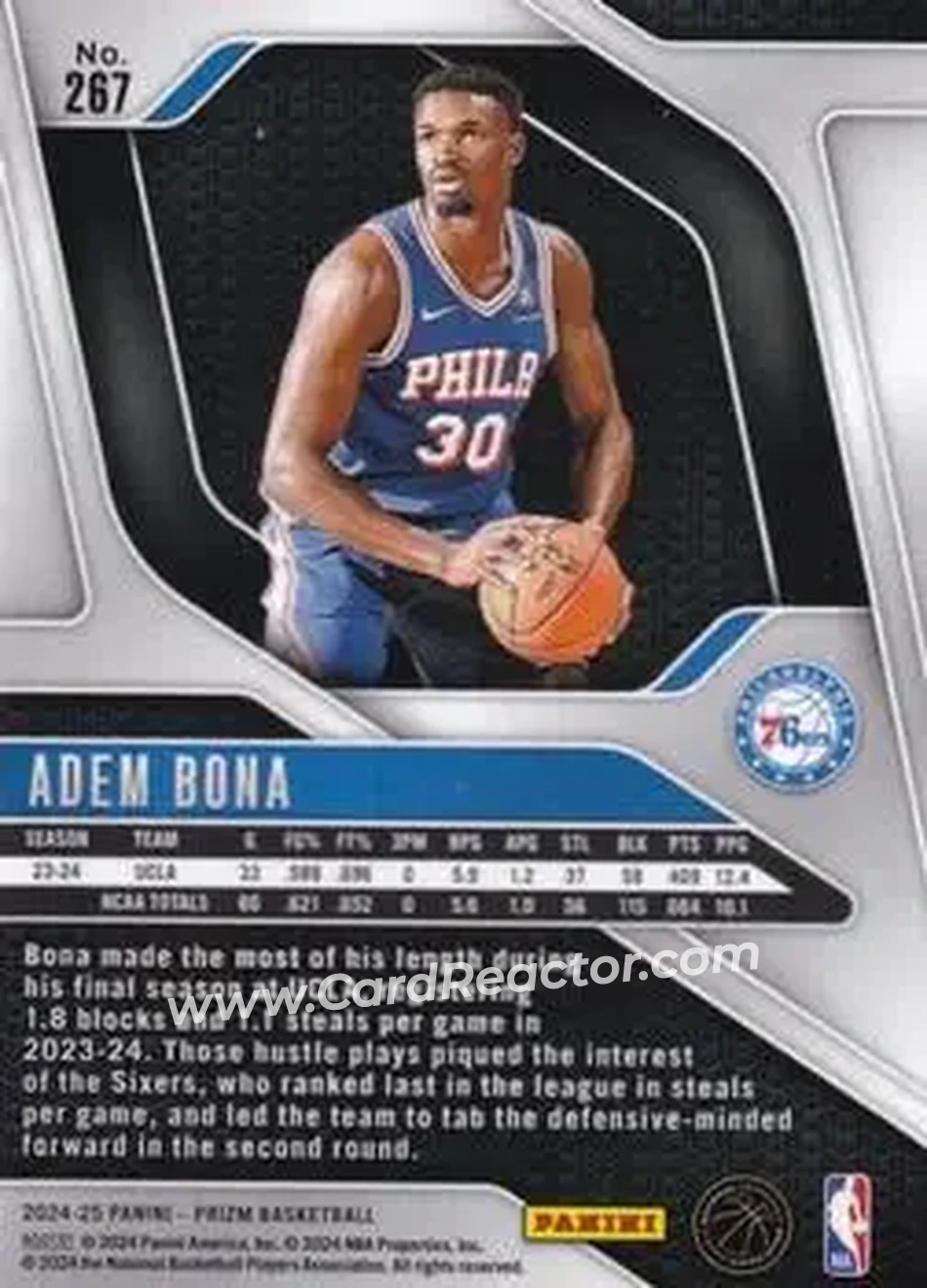 2024-25 Panini Prizm #267 - Adem Bona - Philadelphia 76ers - Back