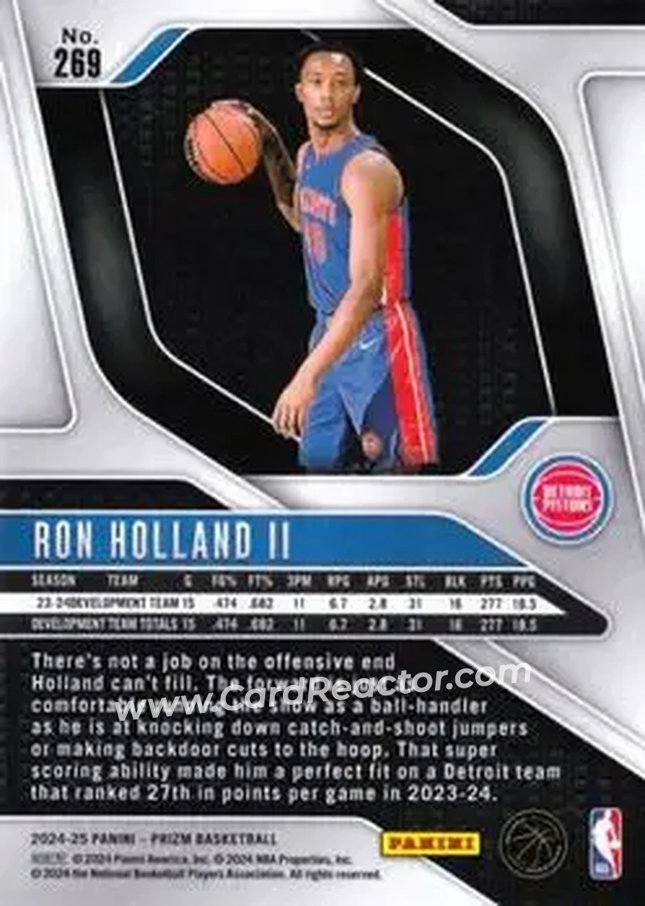 2024-25 Panini Prizm #269 - Ron Holland II - Detroit Pistons - Back 2024-25 Panini Prizm #269 - Ron Holland II - Detroit Pistons - Back