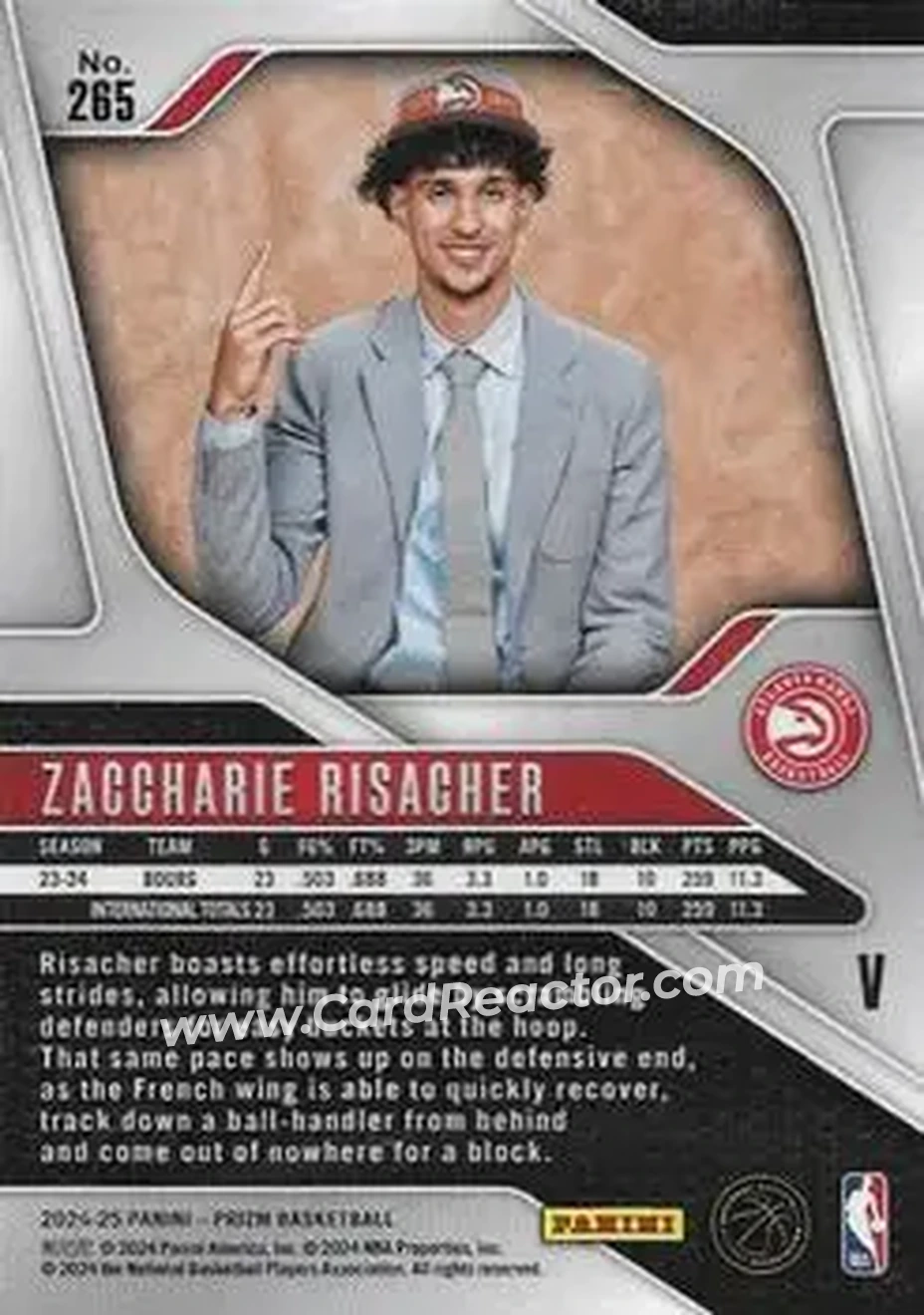 2024-25 Panini Prizm #265 - Zaccharie Risacher - Atlanta Hawks - Back