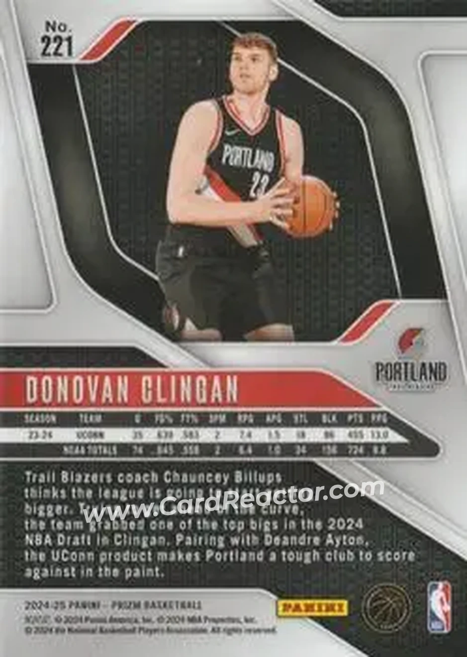 2024-25 Panini Prizm #221 - Donovan Clingan - Portland Trail Blazers - Back