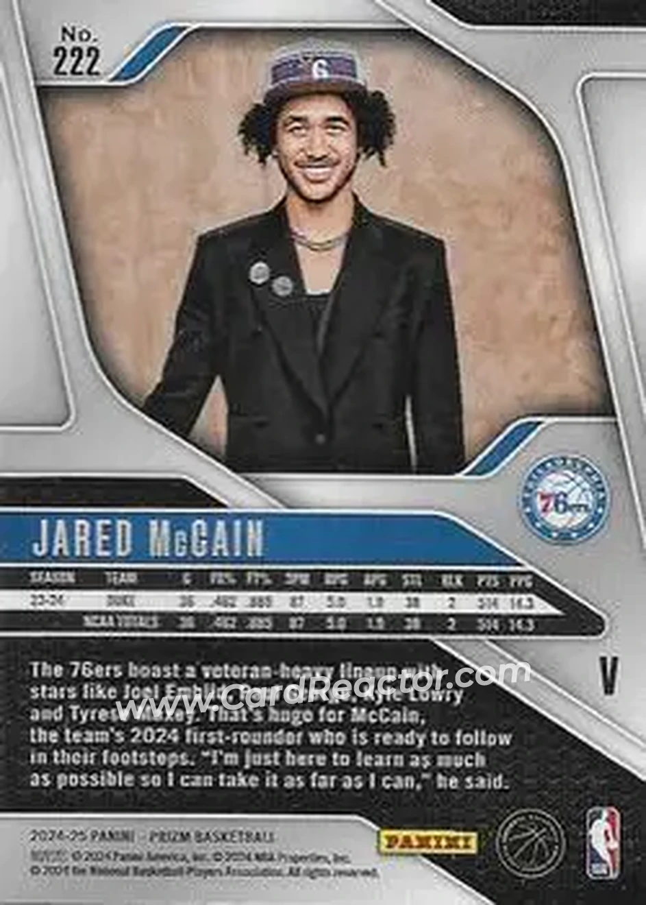 2024-25 Panini Prizm #222 - Jared McCain - Philadelphia 76ers - Back