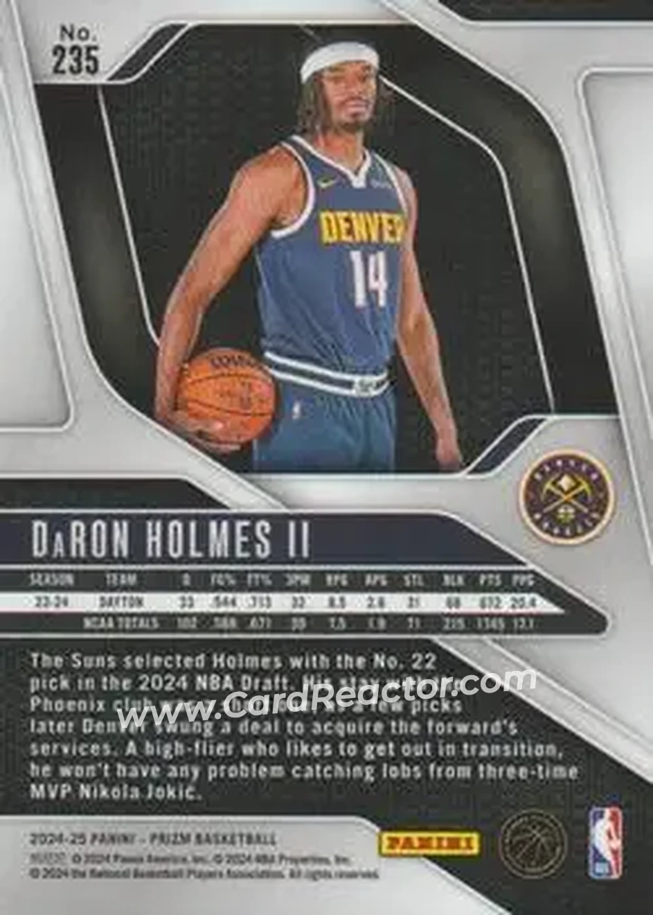 2024-25 Panini Prizm #235 - DaRon Holmes II - Denver Nuggets - Back 2024-25 Panini Prizm #235 - DaRon Holmes II - Denver Nuggets - Back