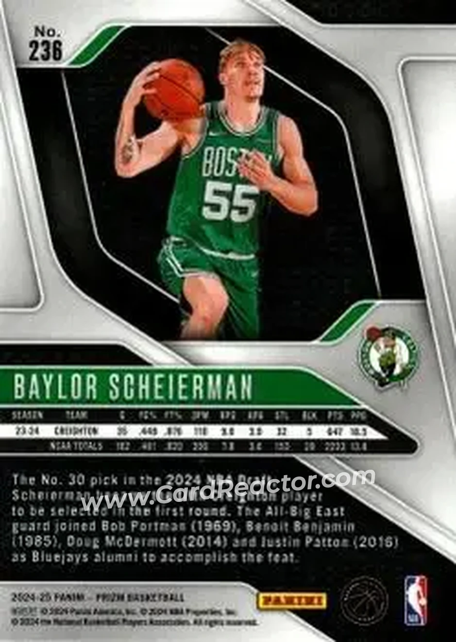 2024-25 Panini Prizm #236 - Baylor Scheierman - Boston Celtics - Back