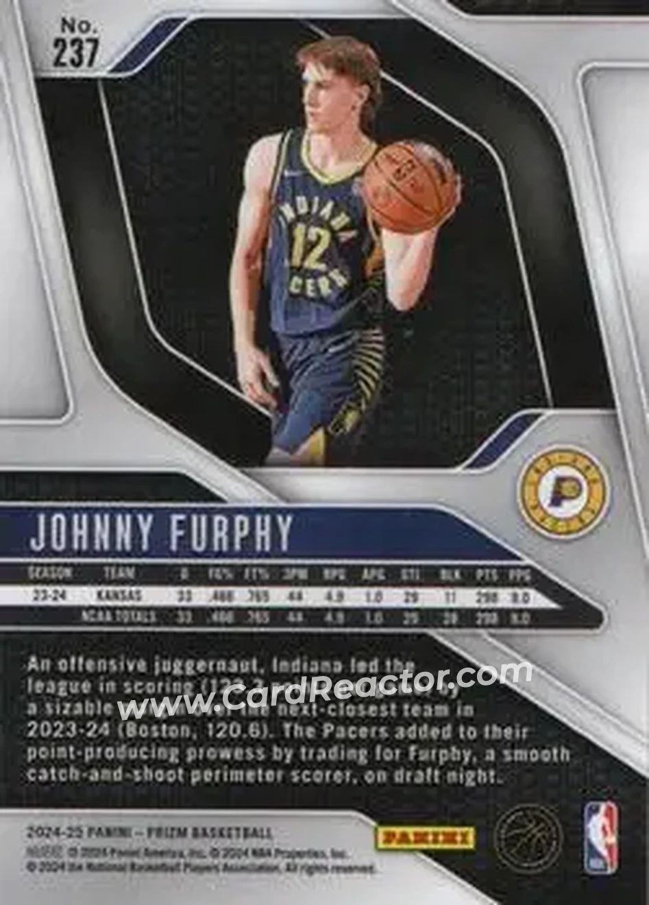 2024-25 Panini Prizm #237 - Johnny Furphy - Indiana Pacers - Back 2024-25 Panini Prizm #237 - Johnny Furphy - Indiana Pacers - Back