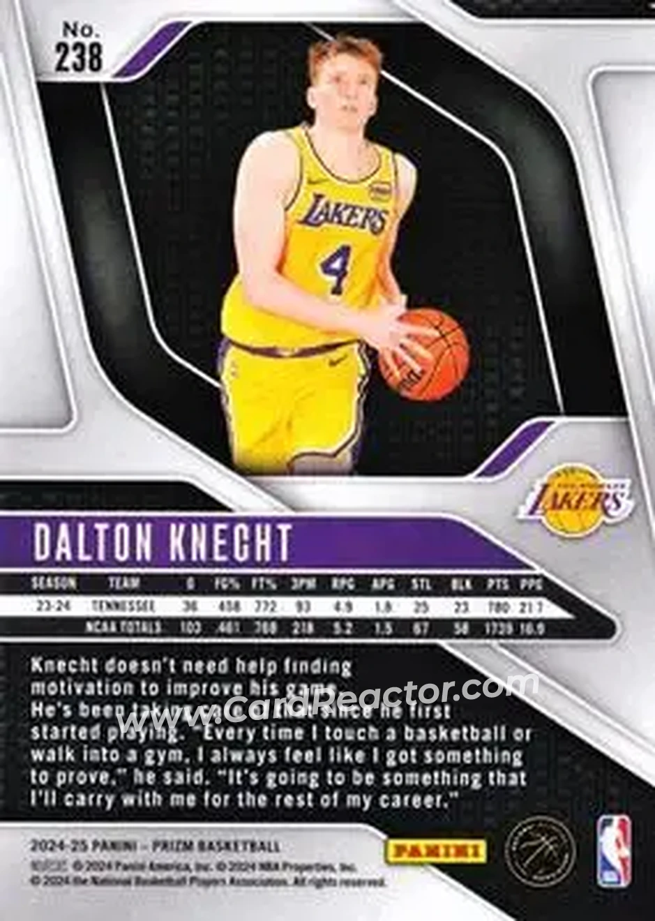 2024-25 Panini Prizm #238 - Dalton Knecht - Los Angeles Lakers - Back 2024-25 Panini Prizm #238 - Dalton Knecht - Los Angeles Lakers - Back