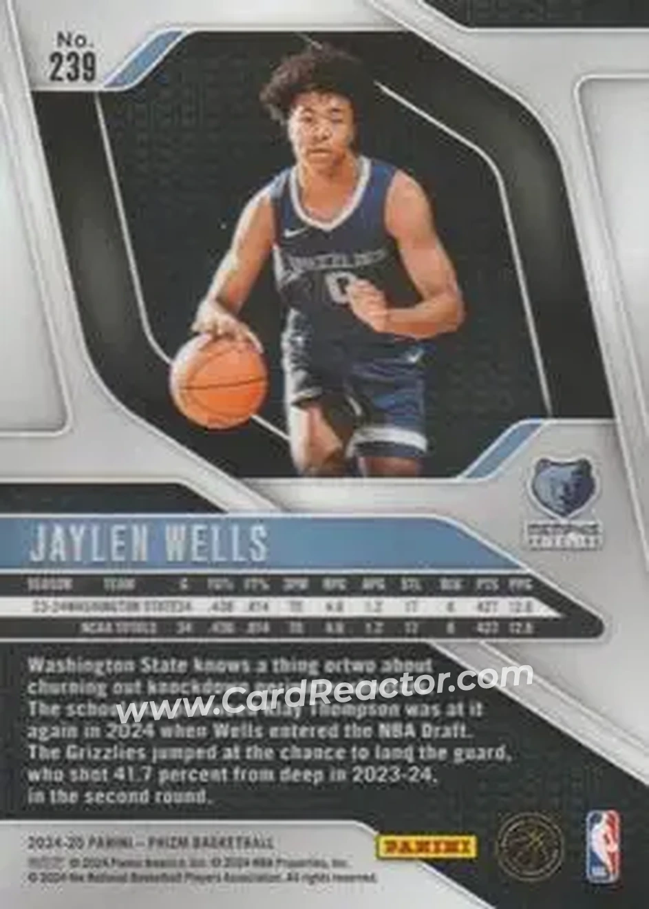 2024-25 Panini Prizm #239 - Jaylen Wells - Memphis Grizzlies - Back