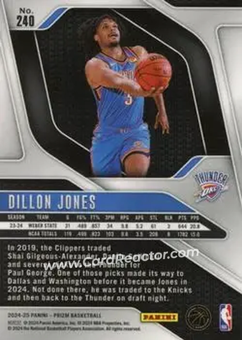 2024-25 Panini Prizm #240 - Dillon Jones - Oklahoma City Thunder - Back 2024-25 Panini Prizm #240 - Dillon Jones - Oklahoma City Thunder - Back