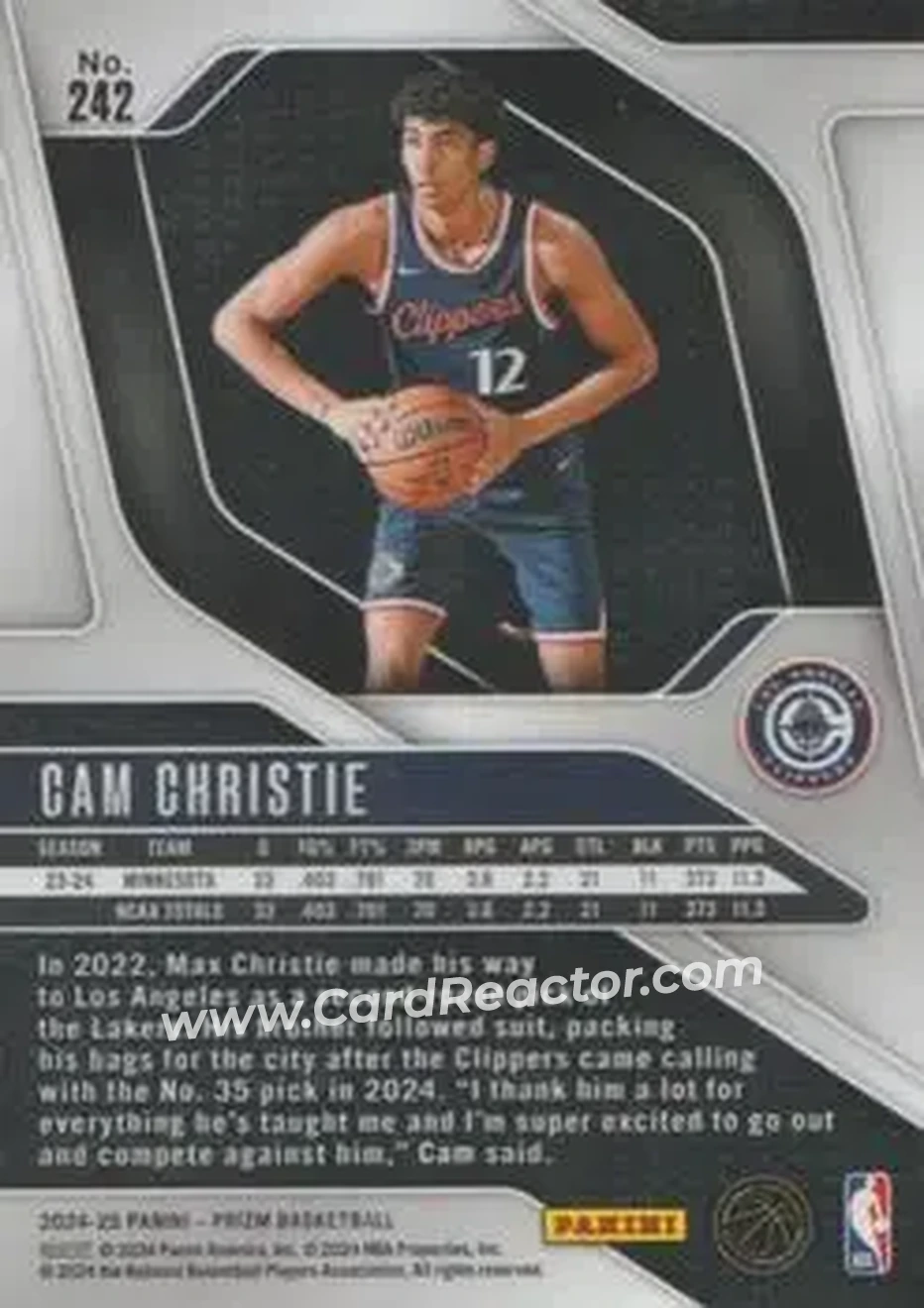 2024-25 Panini Prizm #242 - Cam Christie - Los Angeles Clippers - Back 2024-25 Panini Prizm #242 - Cam Christie - Los Angeles Clippers - Back