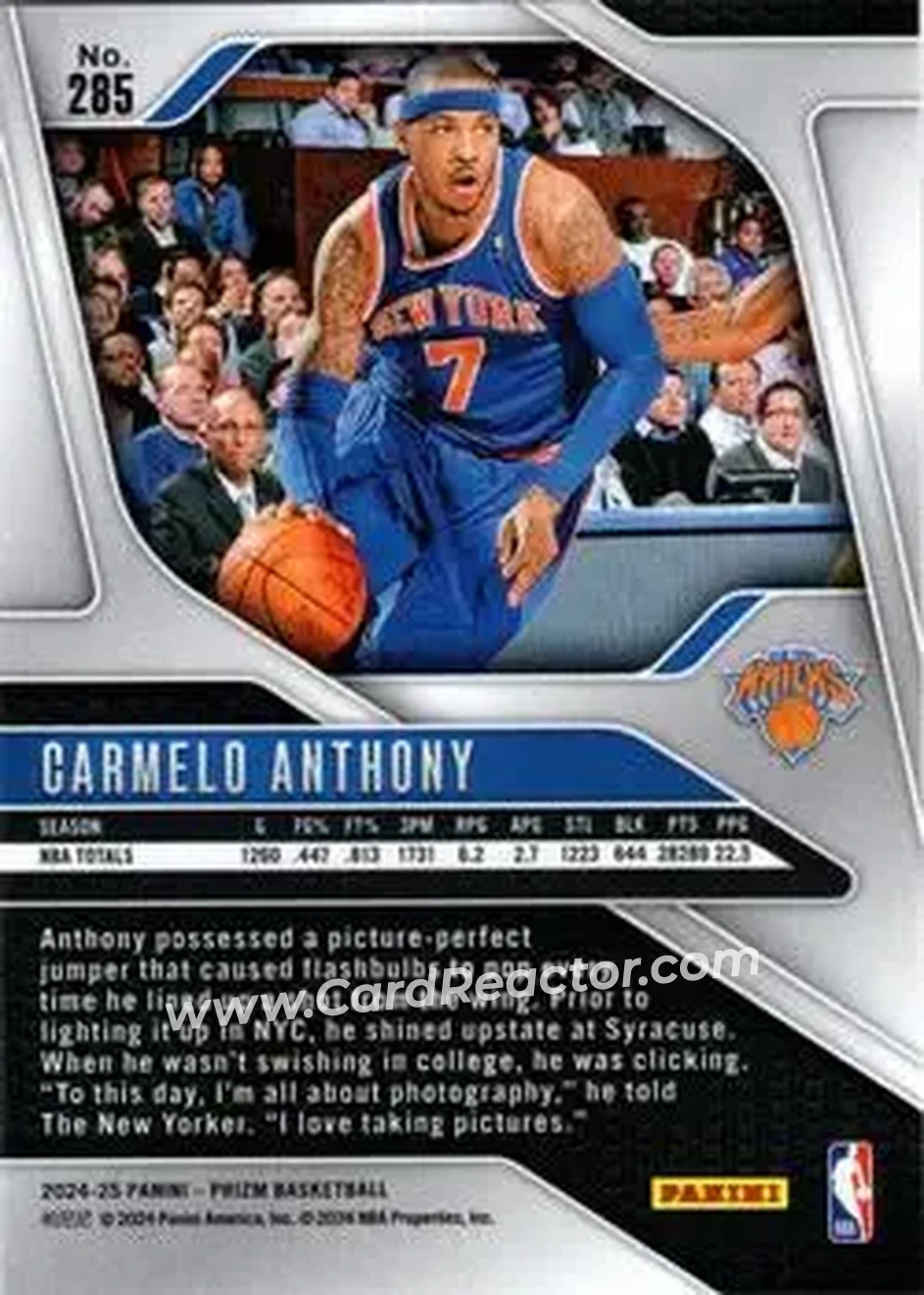 2024-25 Panini Prizm #285 - Carmelo Anthony - New York Knicks - Back