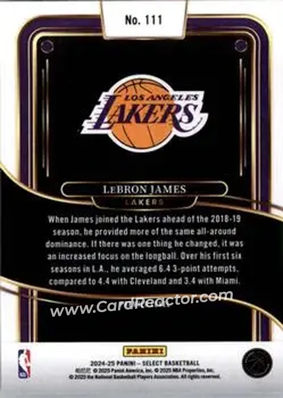 2024-25 Panini Select #111 - LeBron James - Los Angeles Lakers - Back
