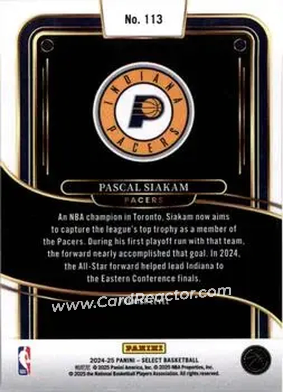 2024-25 Panini Select #113 - Pascal Siakam - Indiana Pacers - Back