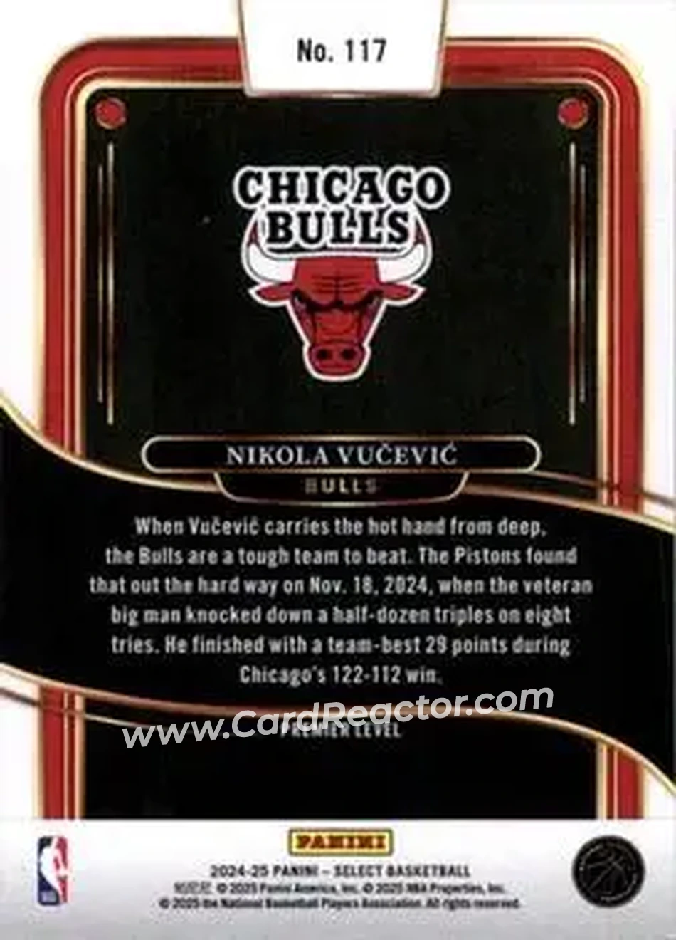 2024-25 Panini Select #117 - Nikola Vučević - Chicago Bulls - Back